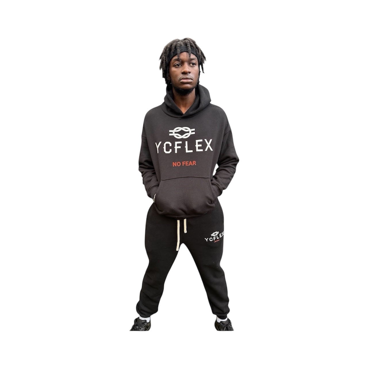Person wearing a black hoodie with 'YCFLEX NO FEAR' text on a white background